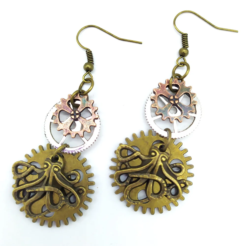 Original Style Octopus Charm with Mix Gears Vintage Industrial Steampunk Earrings