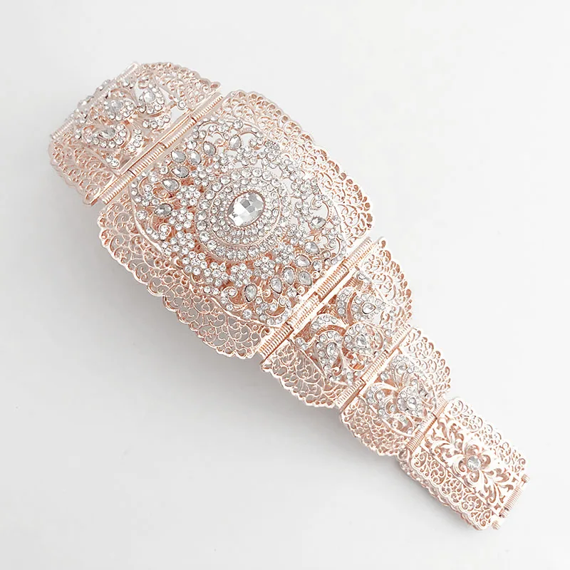 Big Size Moroccan Caftan Wedding Metal Belt For Women Bride Crystal Flower Hollow Waist Chian Algeria French Rose color Belt