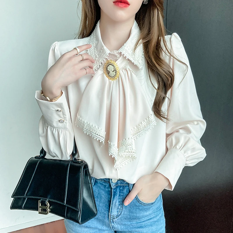 Faux Silk Blouses Shirts New Hot Sales Preppy Style Girls Bow Tie Tops Cute Sweet Korean Temperament Lady Bow Collar Shirt