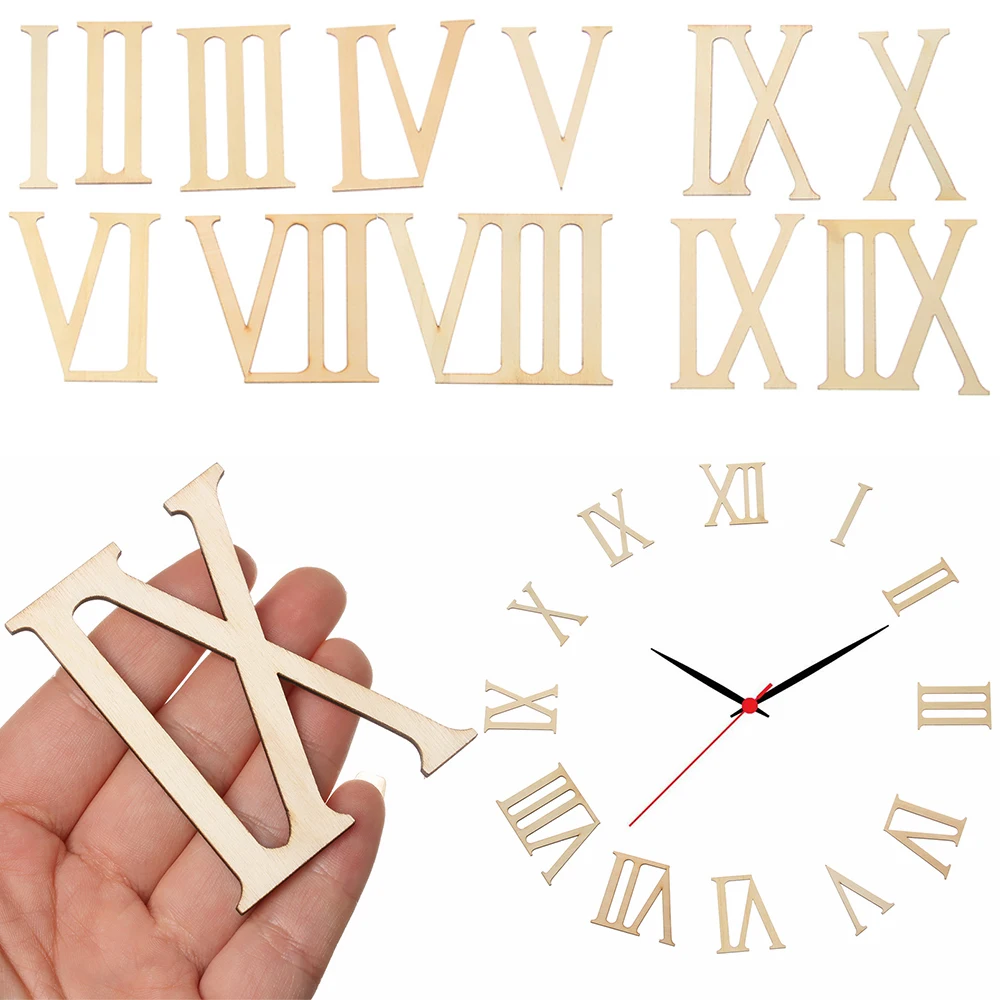 12Pcs/set 7cm Roman Digital Wooden Clock Accessories Roman Numerals Wood Chip Clock Parts Home Decor Laser Cut DIY Crafts Pieces