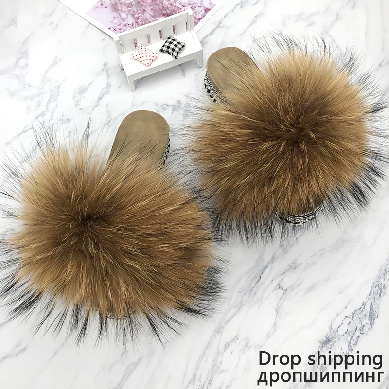 Fur Slides Summer Rivets Platform Sandals Ladies Sandals Outdoor Real Fur Ladies Heels Shoes 2021 New Fluffy Slippers Flip Flops