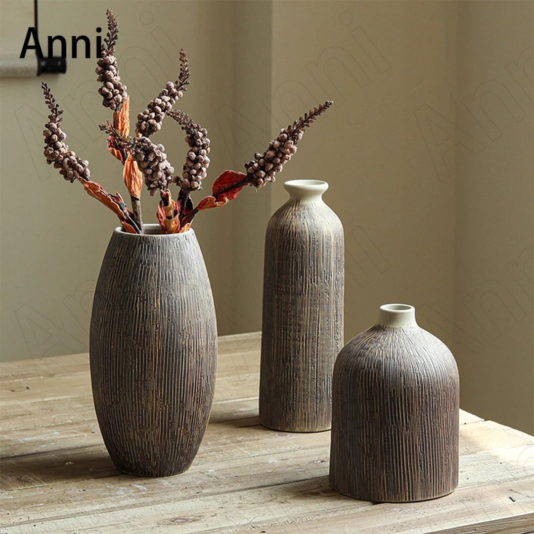 Creativity Stoneware Vase Chinese Vintage Bionic Antique Flower Vases Vertical Lines Decorative Plant Pot Living Room Decoration