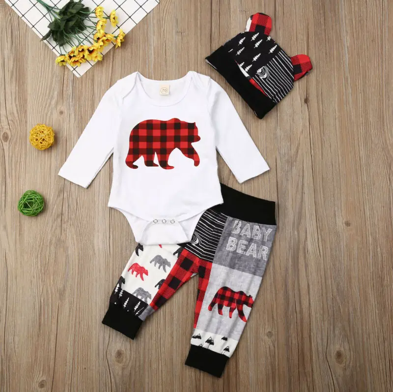 Fall Autumn 3PCS Baby Boy Girl Bear Print Outfit 2