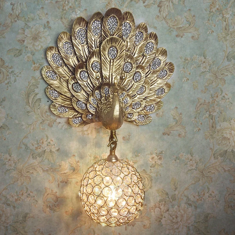 Modern Golden Peacock Wall Sconce Lamp For Living room Home Decor E14 LED Bulb Wall Light With D15cm Crystal Ball Lampshade