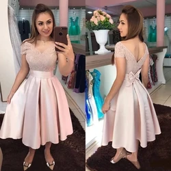 Angelsbridep Pink Homecoming Dress A-Line Cap Sleeve Lace Appliques Backless Satin Elegant Party Prom Gown With Bow Tea-Length