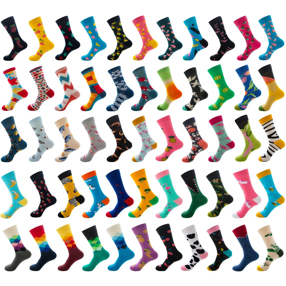 Men Women Fashion New cartoon Dolphin playing card dog rainbow car bicycle pattern socks Color Simple Printing Couple Trend Sock