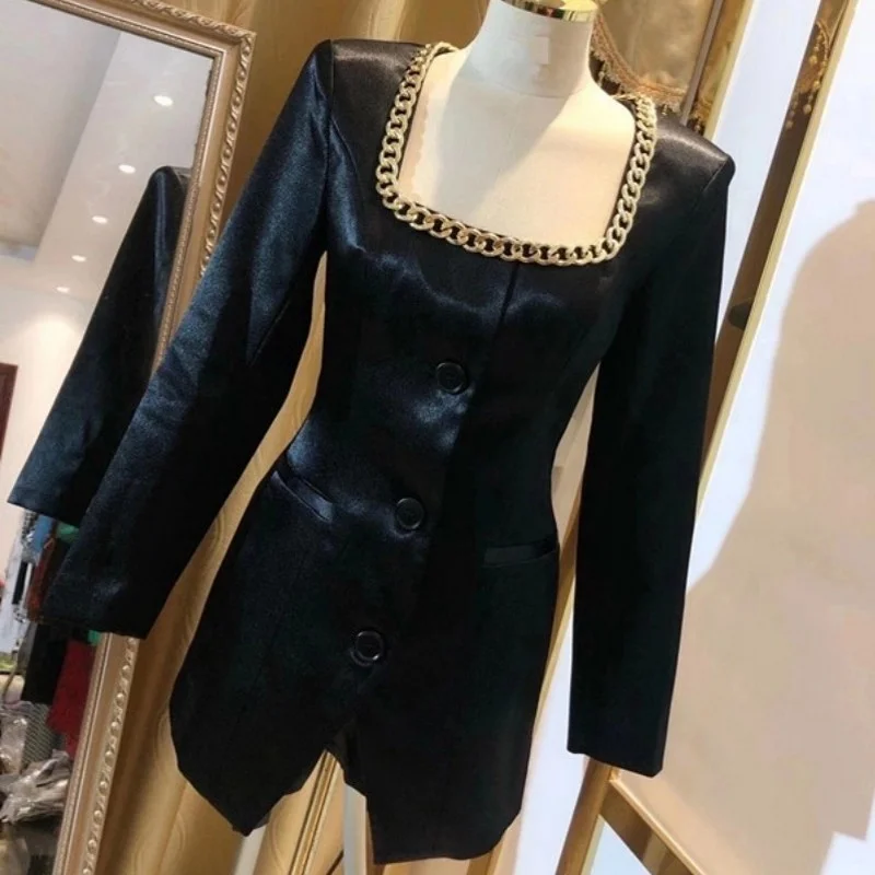 

Lady Office Elegant Jumpsuit Black Long-Sleeve Square Collar Chain Women Single-Breasted A-Line High Waist Autumn Korean Style