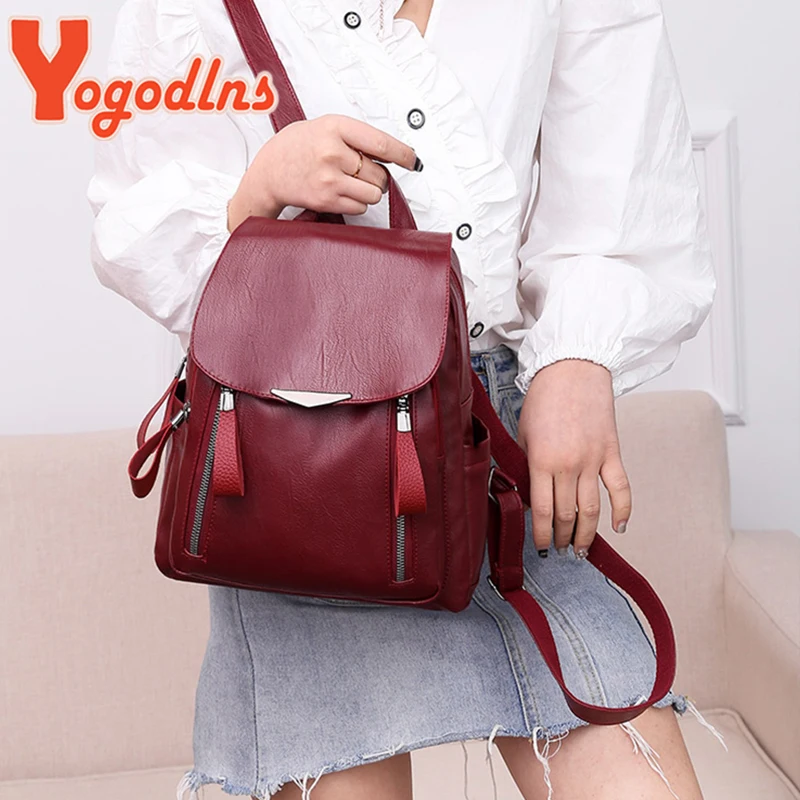 Yogodlns Luxury Backpack For Women Soft PU Leather Backpack Travel Large Capacity School Bag Double Zipper Business Knapsack