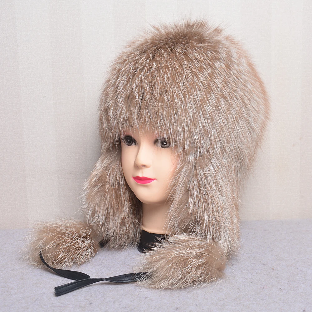 Natural Fox Fur Hats for Women Real Fur Beanies Cap Knitted Hats Russian Winter Thick Warm Fashion Caps Silver Fox Fur Hats lady