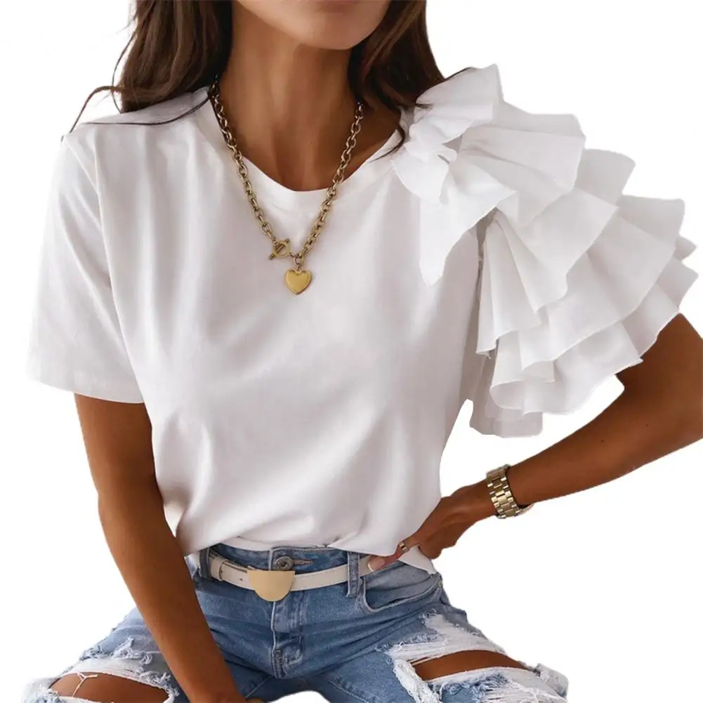 Moda feminina blusa elegante moda cor sólida em camadas plissado manga curta assimétrico solto topo blusas de verão 2021