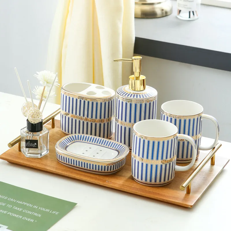 Bathroom Accessories Set Ceramic Soap Dish Toothbrush Holder/Rack & Gargle Cup With Tray 5/6 Pieces Wash Set Wedding Gifts