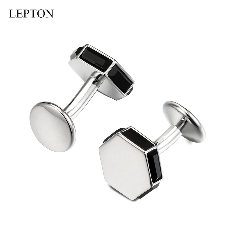 LEPTON Black Crystal Cufflinks Men Classic Business Brand Hexagon Cuffs Button High Quality Mens Shirt Cuff Links Wedding Gift