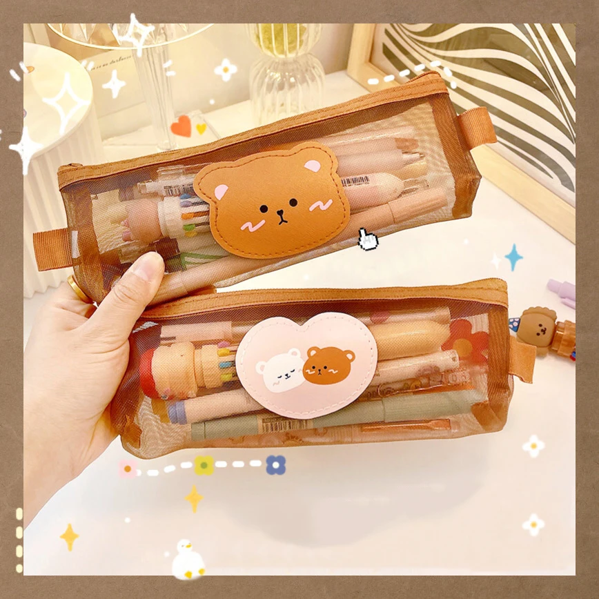 

Kawaii transparent bear pencil case girl heart large capacity ins Japanese multifunctional net yarn stationery pencil case