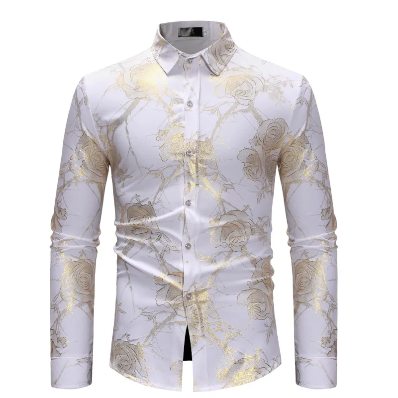 

Mens White Floral Print Shirt Long Sleeve Button Down Dress Shirts Men Shiny 70s Disco Party Clothing Camisa Social Masculina