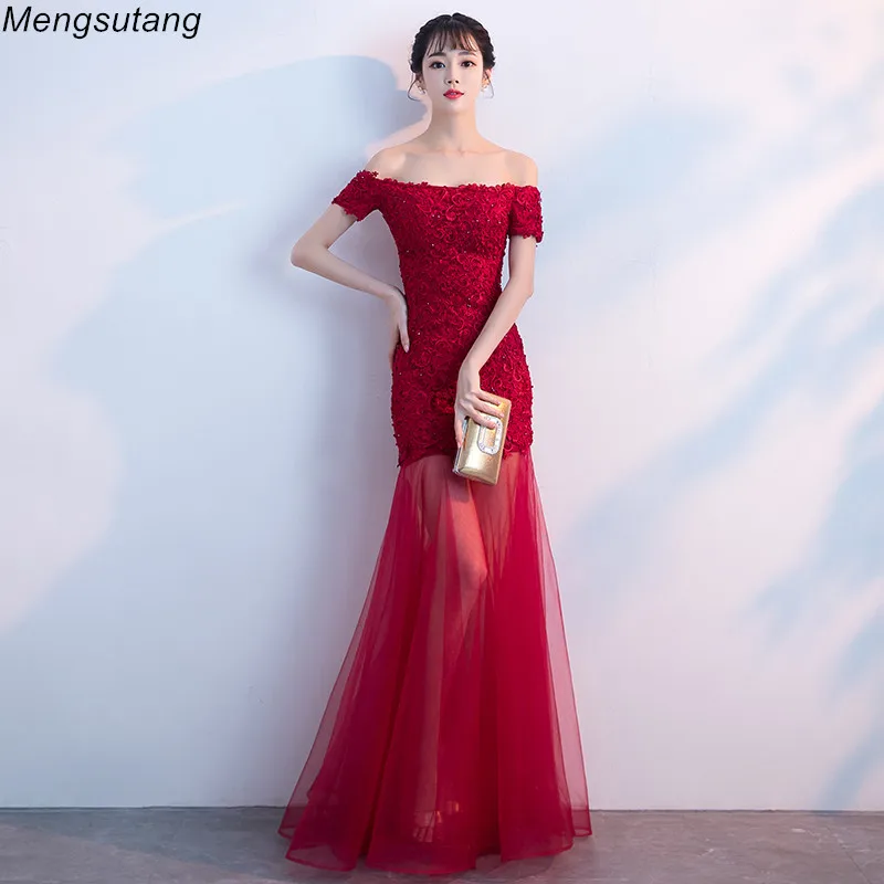 

Robe de soiree New Arrival Red Boat Neck Bouquet Evening dress Mermaid Lace Up vestido de festa Party Prom dresses Custom made