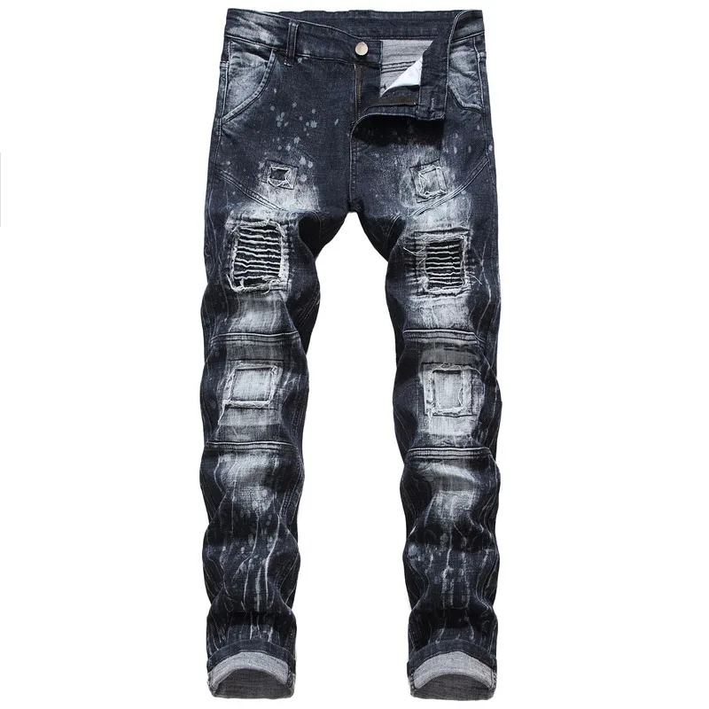 Fashion Men's Ripped Jeans Skinny Slim Fit Pleated Denim Pant Distressed High Street Biker Jeans Straight Male Brand Trousers