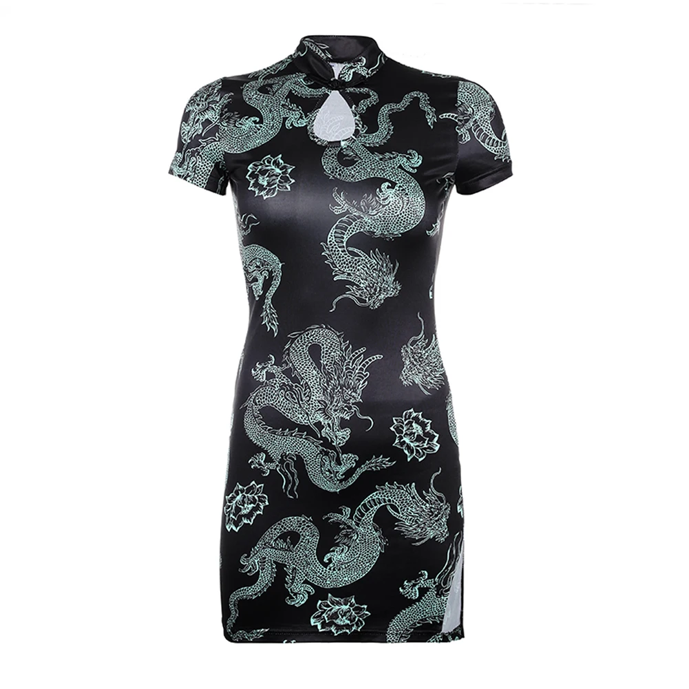 Chinese-style Dragon Print Cheongsam Dress Women Split One-piece Dress Vintage Clothes