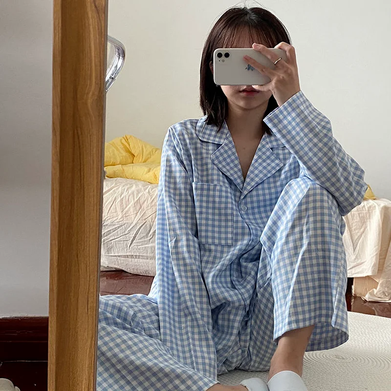 Pajama Sets Women Spring Hot Sale Female Sleepwear Plaid Harajuku Fashion All-match Chic Retro Loose Sweet Preppy Simple Ins New