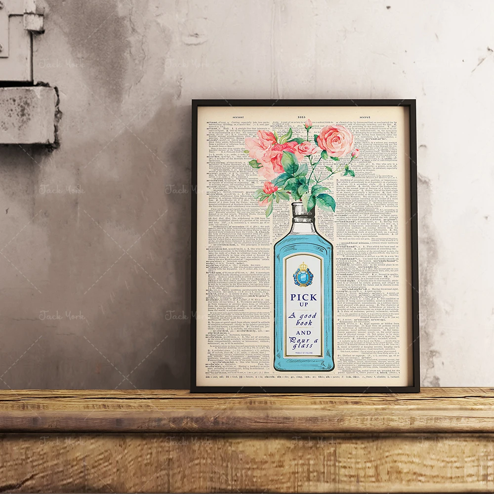 Vintage Gin Reading Poster, Floral Poster Print, Floral Art, Book, Books, Vintage Wall Art Gift Idea, Alcohol Art, Quote Poster