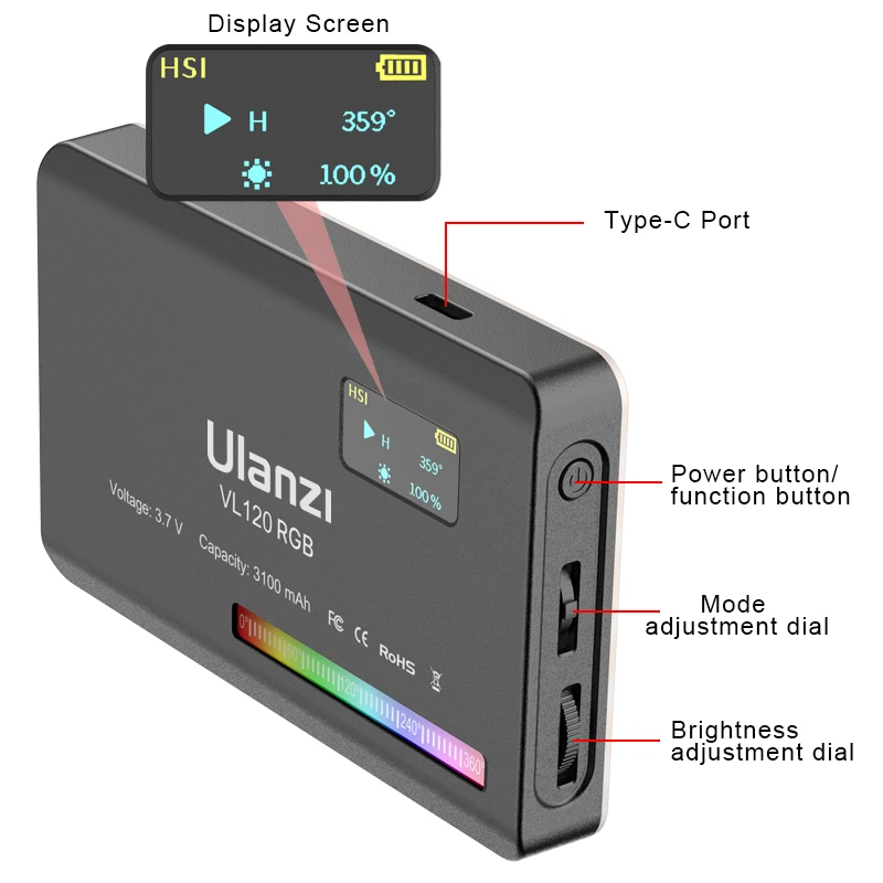 울란지 VL120 RGB LED 조명 카메라 조명 풀 컬러 충전식 3100mAh 조도 조절 기능 2500-9000K 패널 조명 포토 스튜디오 램프