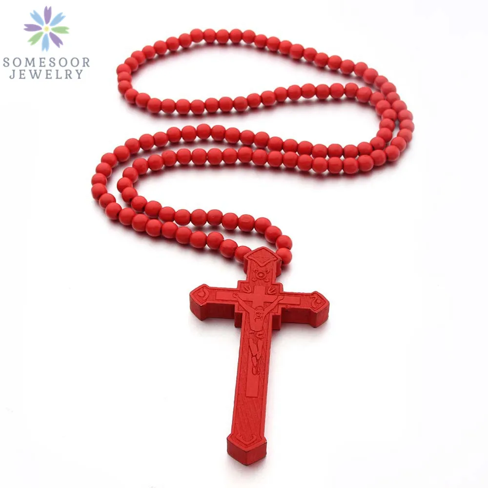 SOMESOOR Christian Cross Wooden Pendant Necklace Engraved 45cm Beads Chain Fashion Jesus Religious Jewelry For Men Women Gift