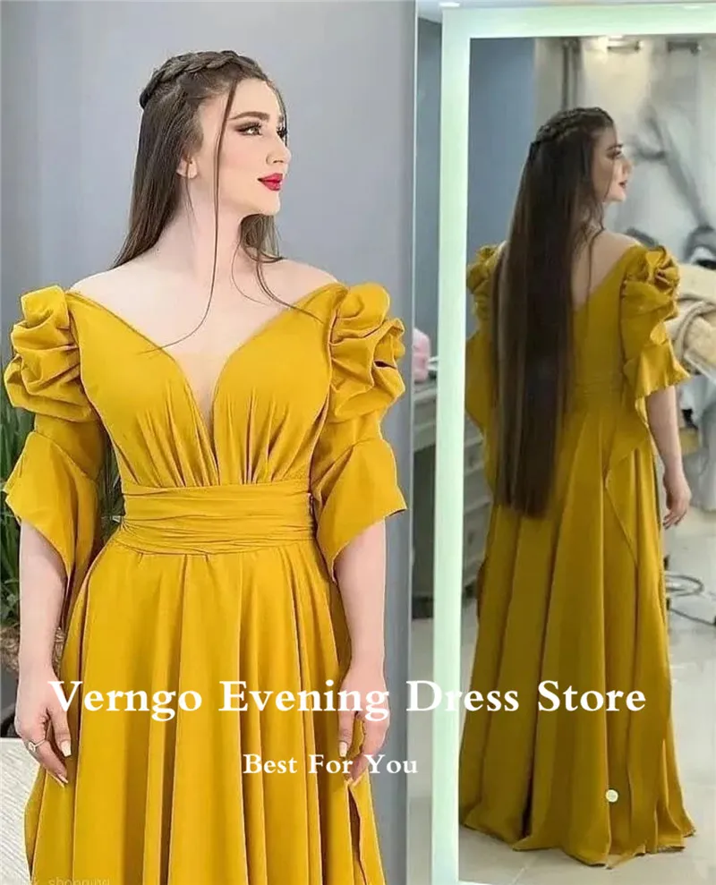 Verngo Saudi Arabic Women Chiffon Long Prom Dresses V Neck Puff Long Sleeves Floor Length Evening Gown Plus Size Formal Dress