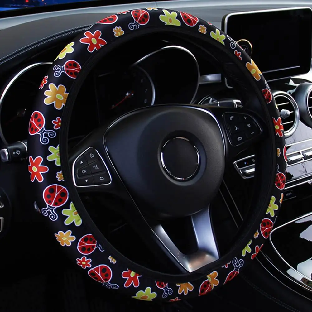 Car Anti-Slip Interior Steering Wheel Cover Skidproof Auto Steering-Wheel Cover Flower Printing Silk Fabric Car-styling