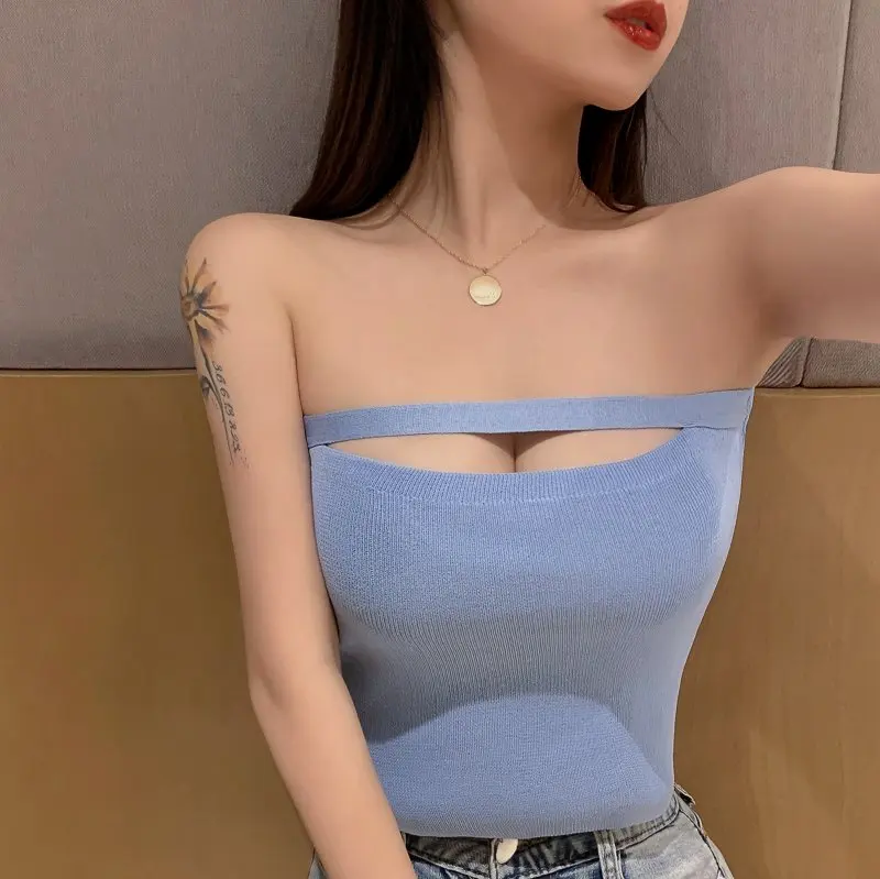 Summer Girls Knitted Thin Tube Tops Women's Sexy Casual Hollow Out Wrap Tubes Bandeau Short Tank Crop Top For Female S753