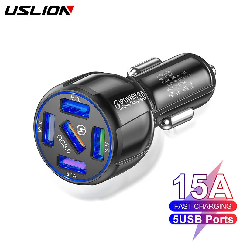 USLION 15A 5 Ports USB Car Charge Mini LED Fast Charging For iPhone 12 Xiaomi Huawei Mobile Phone Charger Adapter in Car Tablet