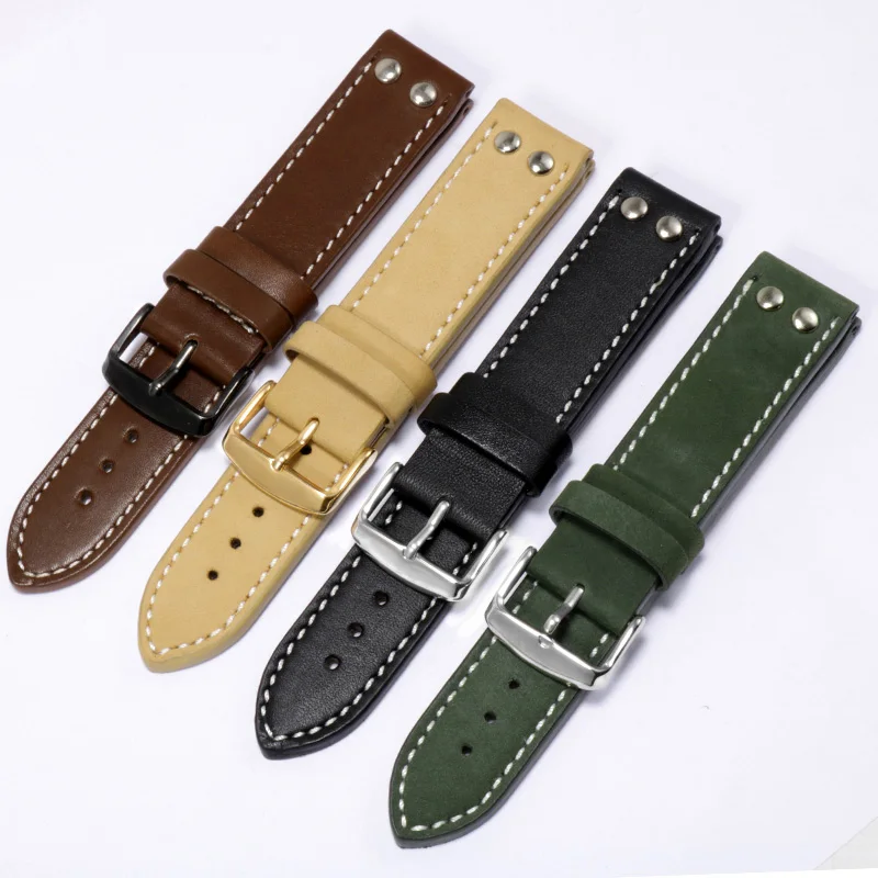 Yopo 20 22mm Genuine leather strap  black army green khaki brown with nail bracelet Replacement belt for men's watch accessories