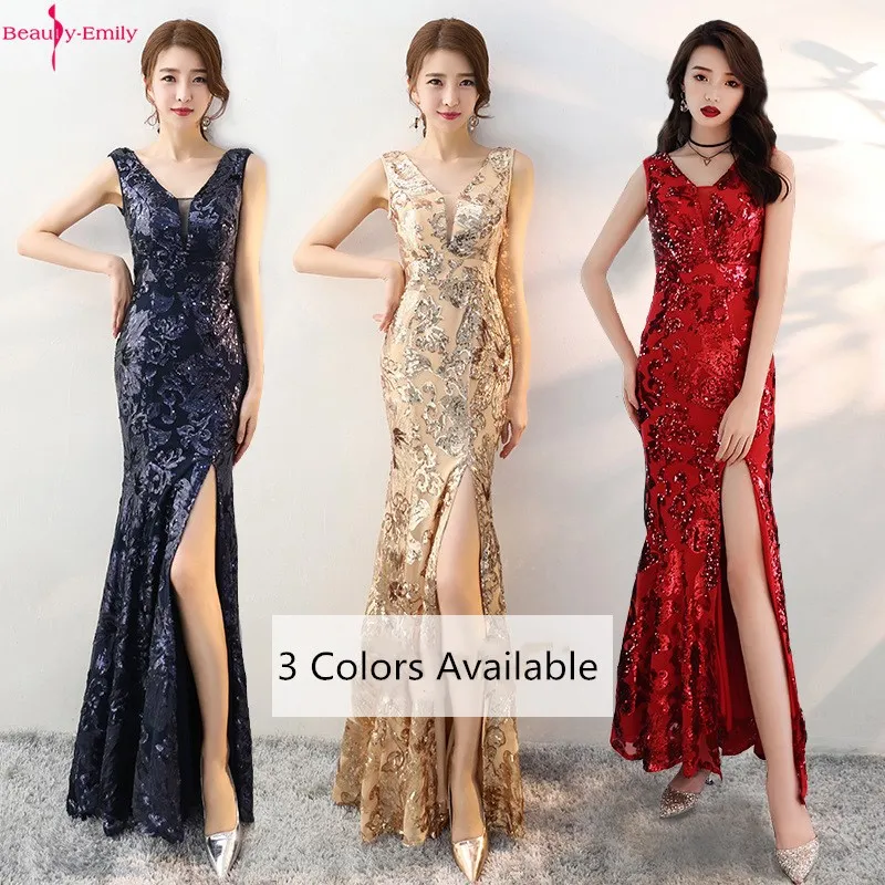 

Beauty Emily Sexy V Neck Sequined Mermaid Evening Dress Long Charming Tank Sleeveless Formal Dress with High Side Split 3 Colors