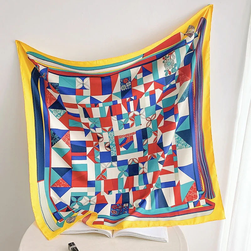 90cm Manual Hand Rolled Twill Silk Scarf Women Geometric Square Print Curled Square Scarves Echarpes Foulards Femme Wrap Bandana