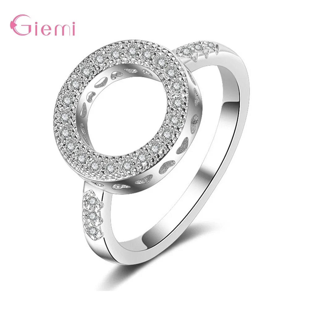 Hot Sale Fashion 925 Sterling Silver Stunning Shinny Crystal Paved Round Circle Love Design Rings For Women Girl Wife Jewelry