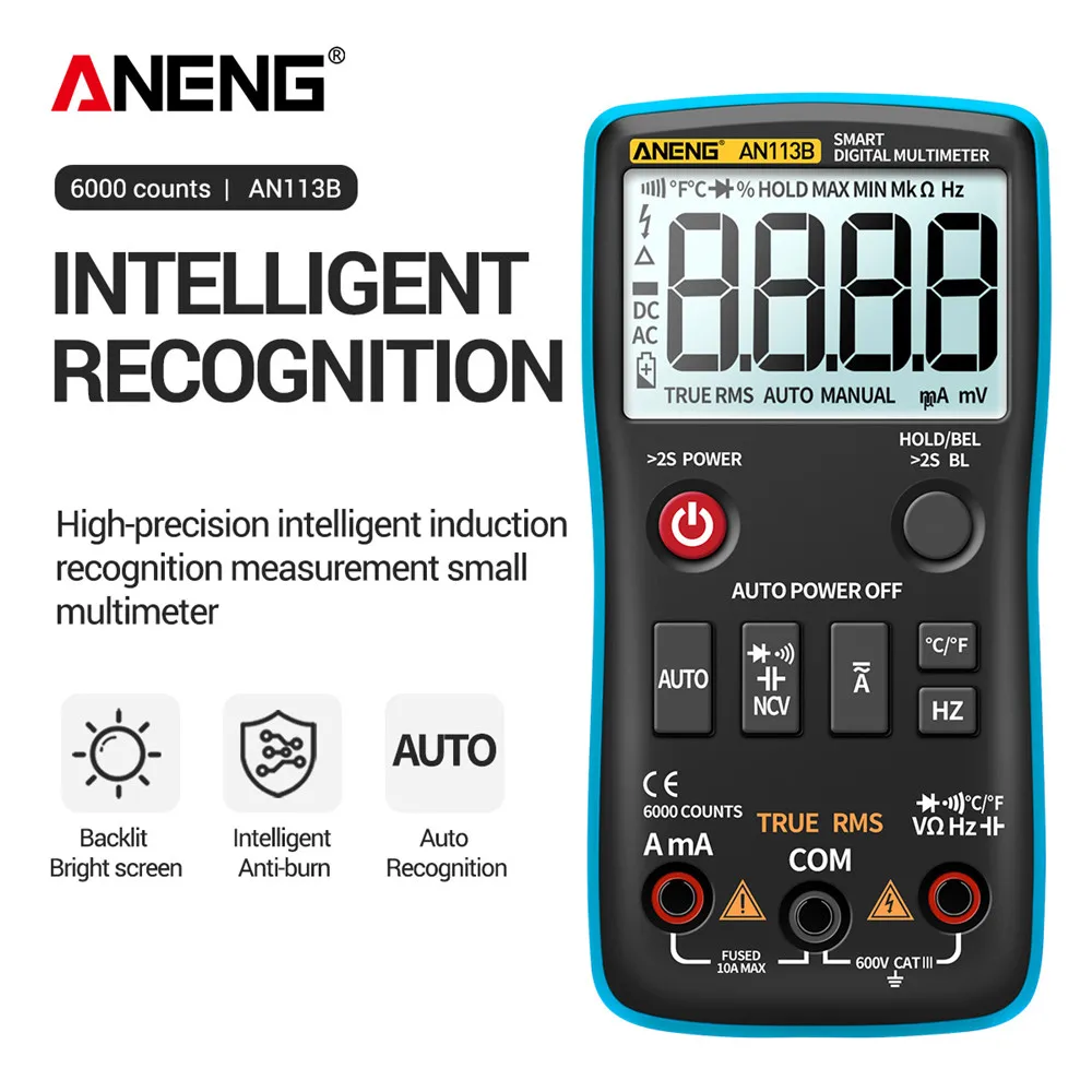 Digital Multimeter True RMS with Temperature Tester AN113B  6000 Counts Auto-Ranging AC/DC Transistor Voltage Meter