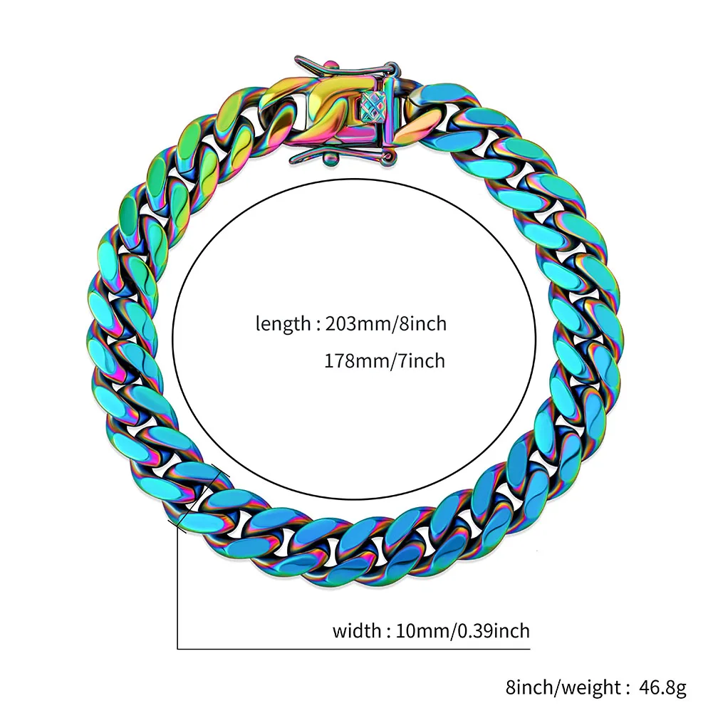GUCY Fashion 10mm and 14mm Rainbow Color Mens Hip Hop Stainless Steel Cuban Chain Jewelry Hip Hop Bracelet For Gift