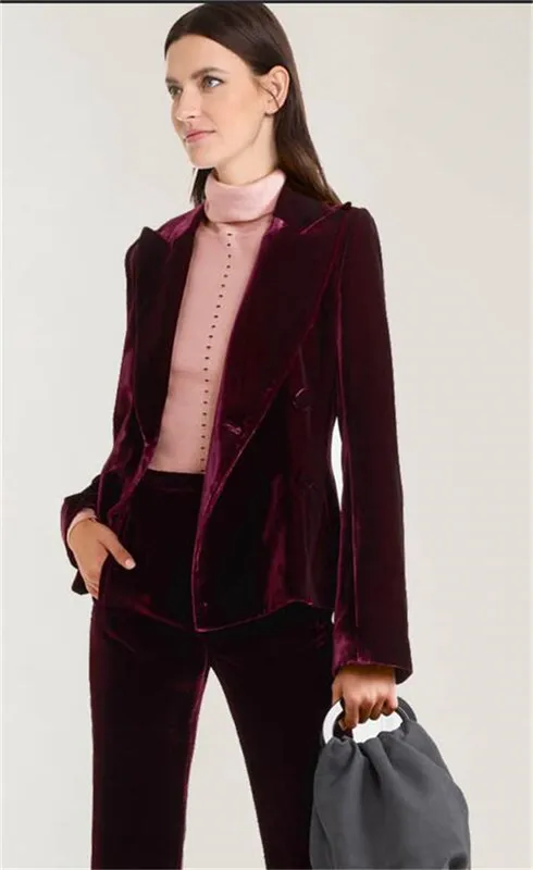 Burgundy Velvet Women Suits Slim Fit Women Pantsuits Jacket Women Suit Women Tailored Peak Collar Jacket Suits Female Ladies