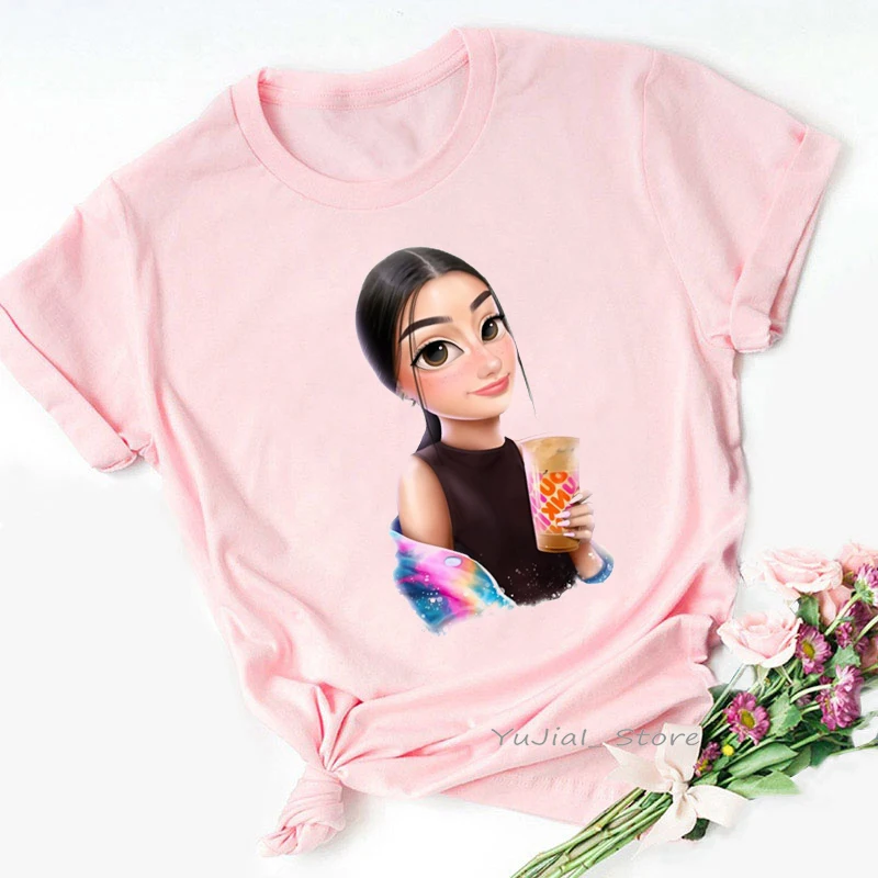 Funny Charli Damelio Coffee Pink Tshirts Women Clothes 2024 Lovely  Anime Cartoon Print T Shirt Femme Harajuku Shirt