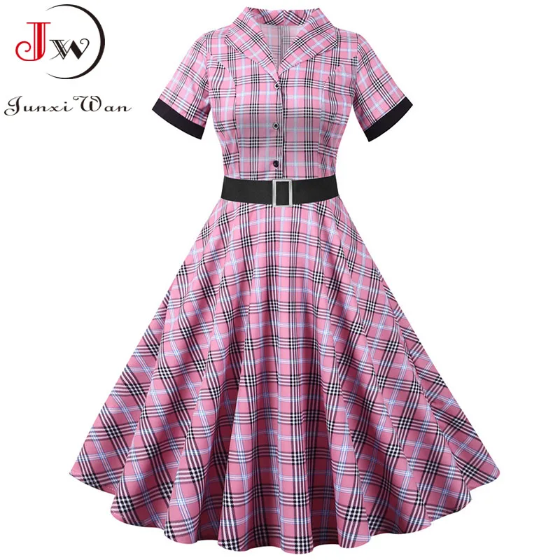 Summer Plaid Print Vintage Dress Women Casual Elegant Short Sleeve Notched Collar Slim Party Dress With Belt Plue Size Robe