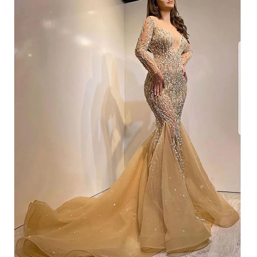 Vestidos de Fiesta de sirena con cuentas de cristal de lujo para mujer, Vestidos largos de noche, mangas completas, vestido Formal Sexy, champán, 2024