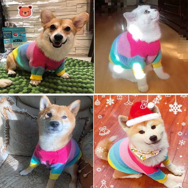 Rainbow Puppy Dog Sweater Winter Warm Clothing for Small Dogs French Bulldogs Christmas Costume Knitting Dog Clothes Mascotas