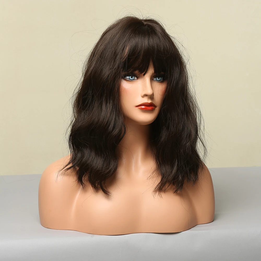 EASIHAIR Dark Brown Wavy Bob Wigs for Women Synthetic Wigs with Bangs Natural Hair Wig Medium Length Cute Wigs Heat Resistant