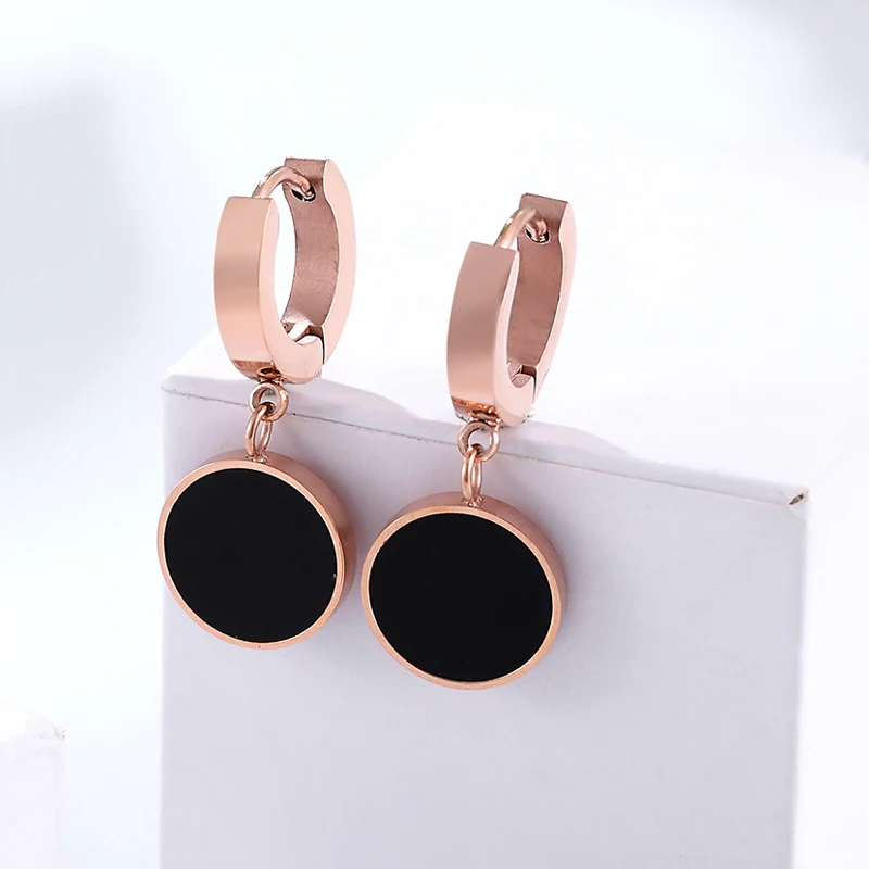 Hot Circle Hanging Black Enamel Circle Hoop Earring For Women Stainless Steel Gold Color Jewelry Party Earrings Wholesale