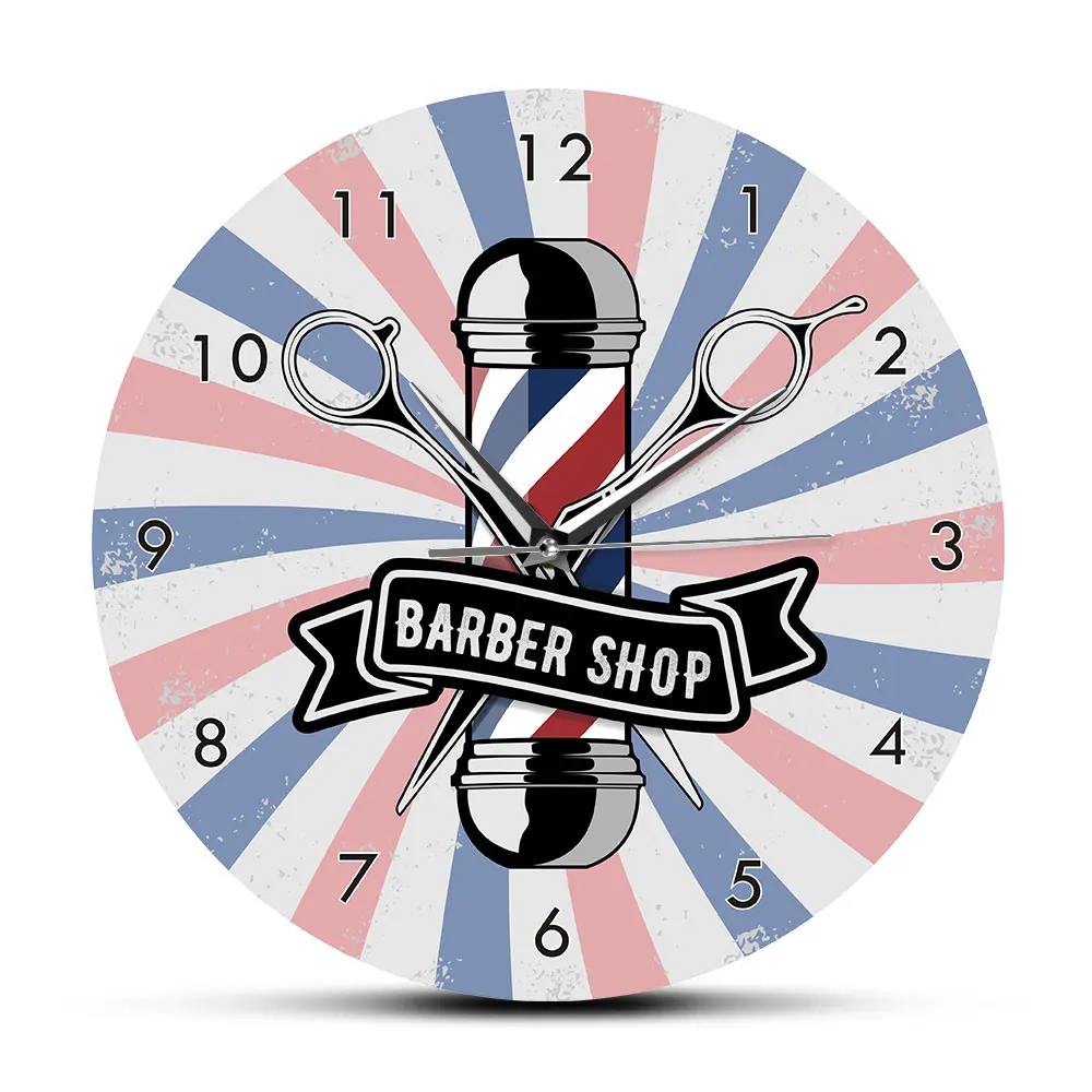 Barber Shop Pole Business Sign Metal Frame Wall Clock Hairdresser Pole Cutting Hair Store Advertisement Wall Art Hanging Watch