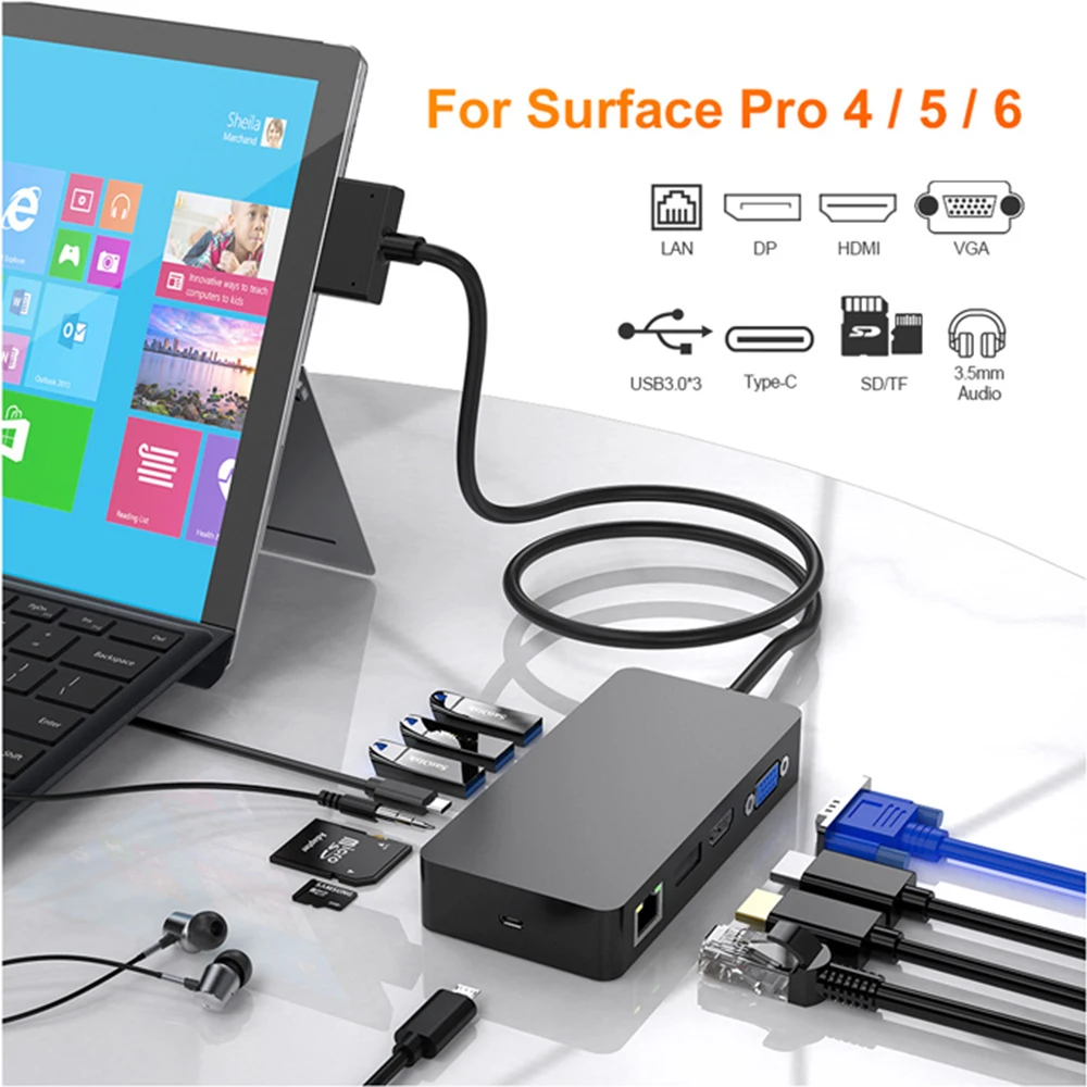 11 in 1 USB 3,0 Mini DP bis 4k HD/DP/VGA 3,5 Audio Gigabit Ethernet SD/TF Kartenleser Hub für Microsoft Surface Pro 4 5 6 – Detail 5