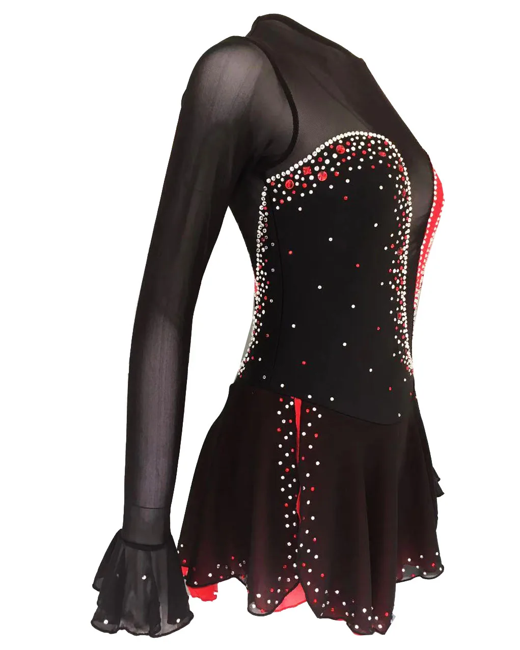 Black Figure Skating Dress Long-Sleeved Ice Skating Skirt Spandex