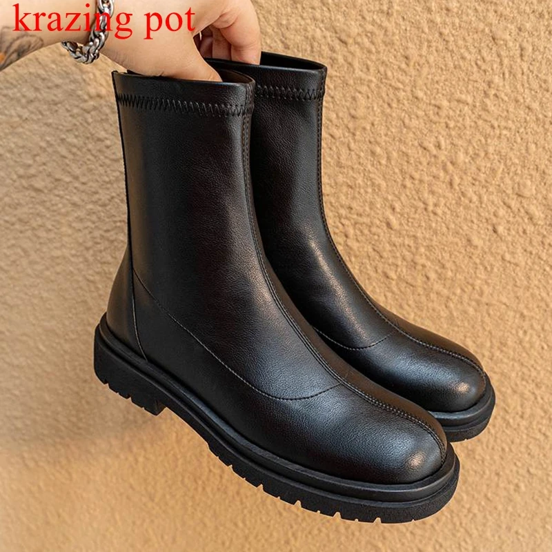 

Krazing Pot Stretch Fabric Round Toe Preppy Style Short Boots Slip on Catwalk Winter Med Heels British School Ankle Boots L82