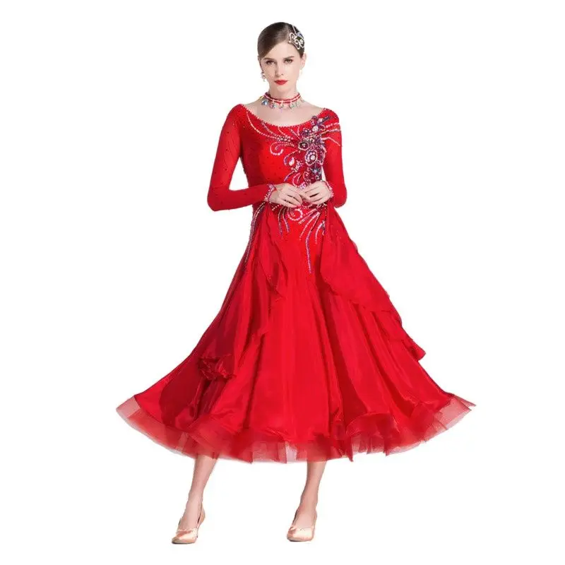 B-18310 Handmade Rhinestone Red Ballroom Dance Competition Dresses Standard Ballroom Modern Dance dress For Sale