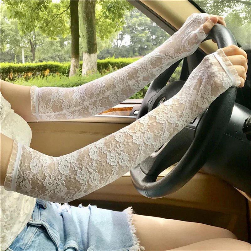 Women Summer Lace Long Delicate Flowers High Elasticity Breathable Drive Cycling Sunscreen Gloves Etiquette Cosplay Mittens