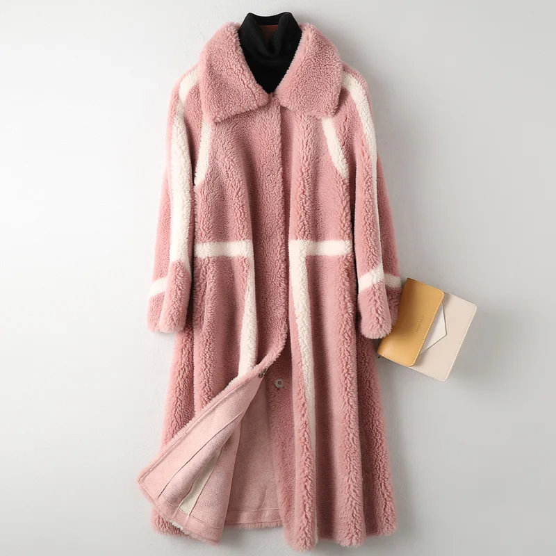 Real Wool Fur Coat  Autumn Winter Women Fur Trench Outerwear Coats Overcoat VF7072