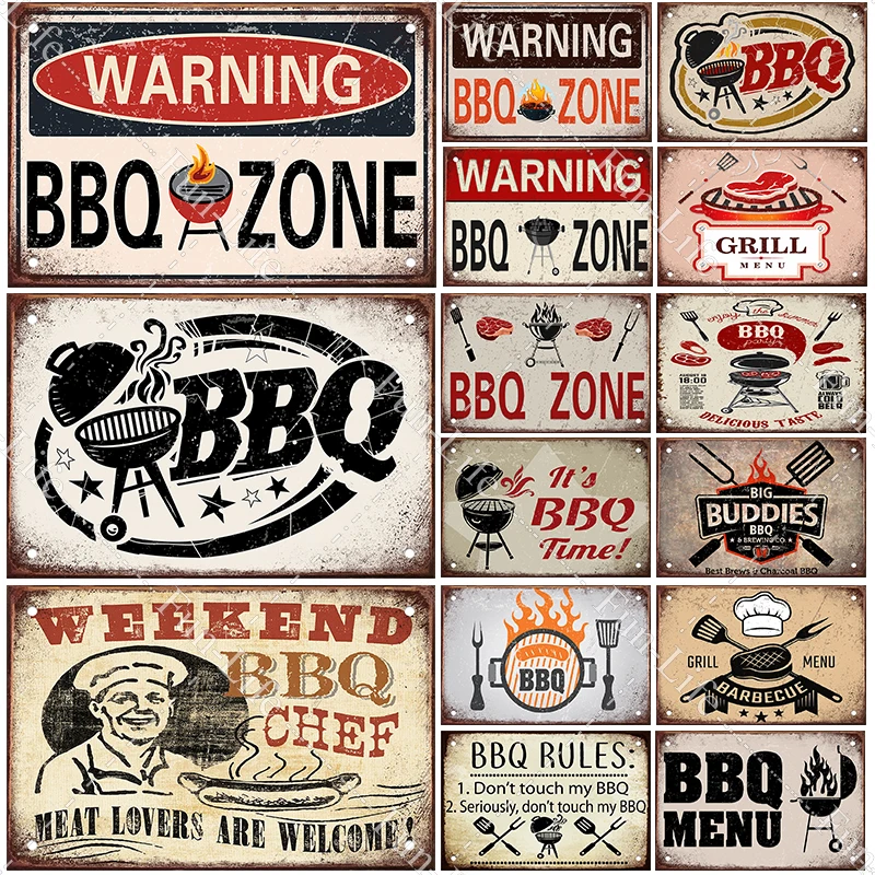 BBQ Warning Metal Tin Sign Oven Vintage Wall Decor Plaque Painting Barbecue Shop Restaurant Craft Pub Home Decor 20x30cm